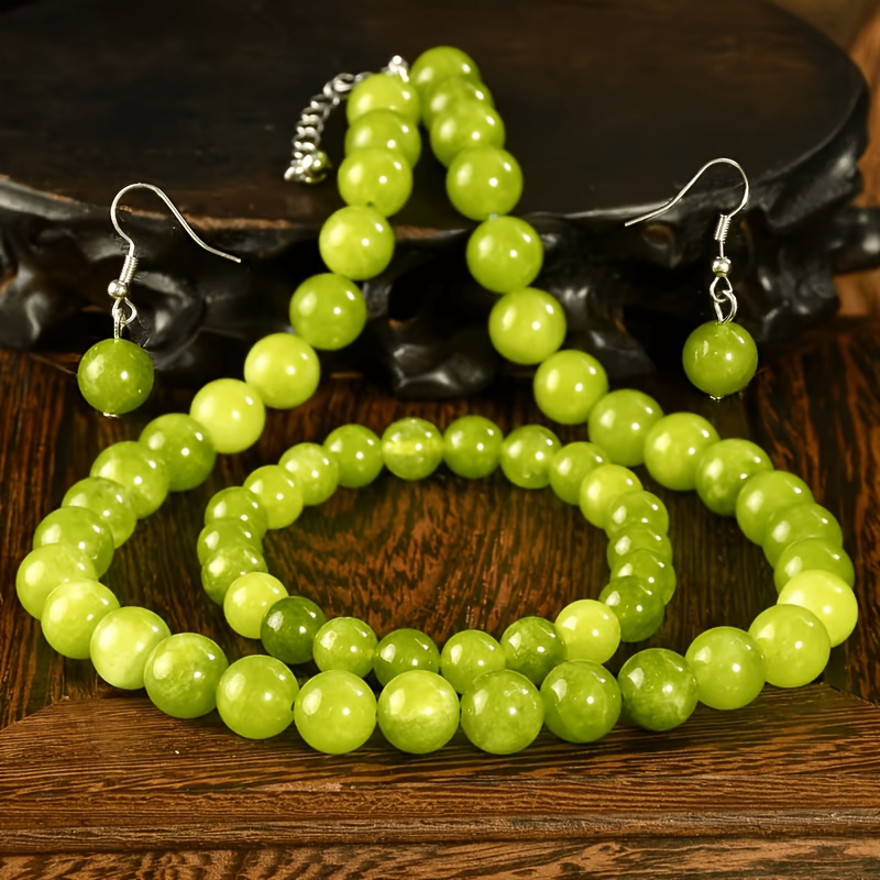 TEMU (4pcs Set) Green Necklace Bracelet Earring Set Fashionable Bohemian Natural Stone Handmade Jewelry (natural Depth Random) Ideal Gift For Men And
