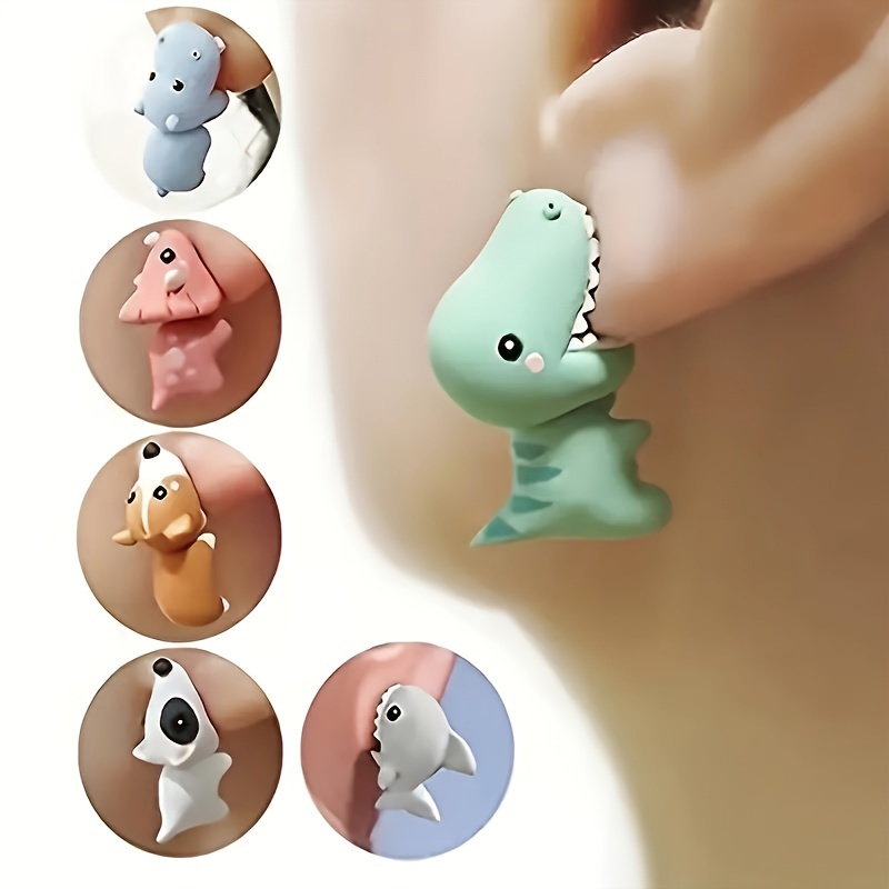 

charming" 14-piece Cute Animal Earring Set - Dinosaur, Puppy And Whale Designs - Fun Clay-bite Jewelry Gift Fun Gifts And Accessories