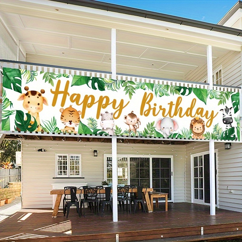 

1pc, Animal Green Leaf Birthday Banner, Polyester Flag Hanging, Jungle Safari Happy Birthday Decor, Wildlife Birthday Party Banner Suitable For Doorways Garden