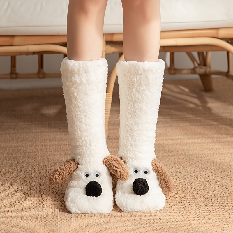 TEMU 1 Pair Black/khaki/ Puppy Floor Socks, Non-shedding Machine Washable, Cartoon Animal Plush Socks, Warm Comfortable Indoor Casual Sleep Socks For