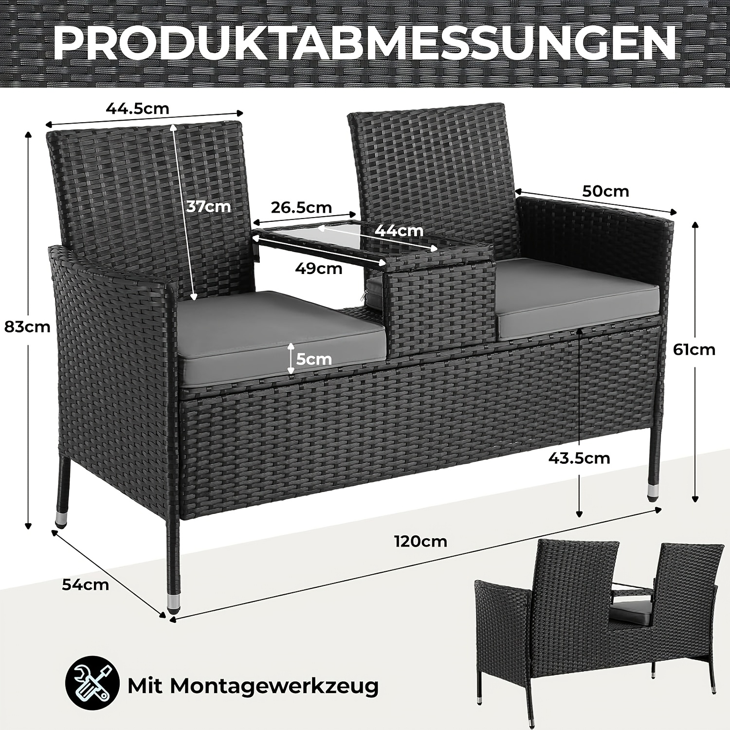 Image of Courtyard Loveseat, Couple Chair, Rattan- Bench With Coffee Table, 2pcs Balcony Furniture Set, Garden Furniture Set, Courtyard Outdoor Bench