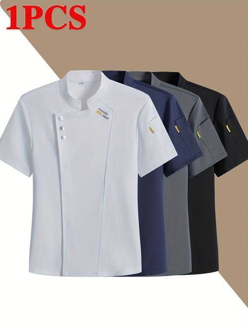 a chefs uniform in four colors featuring pockets suitable for kitchen baking and restaurant chef work