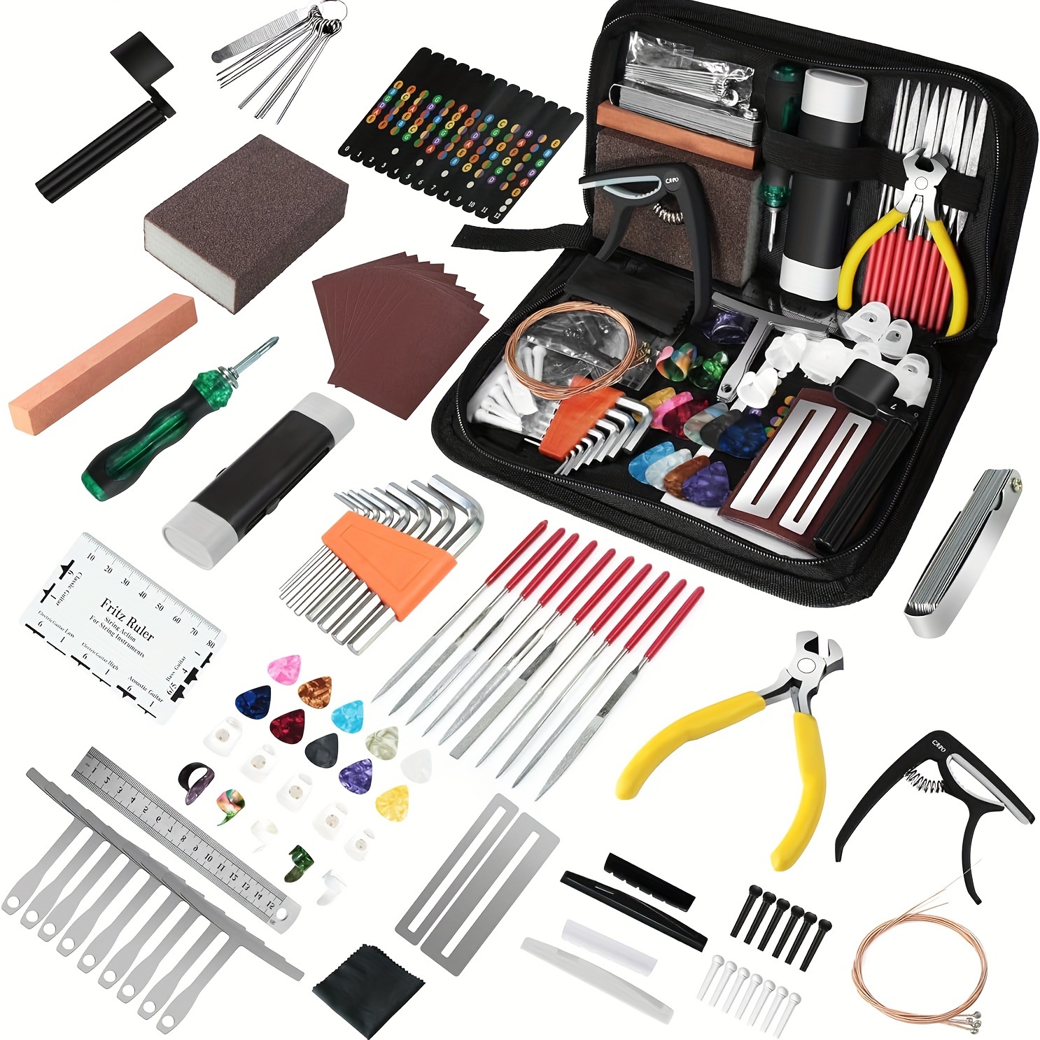 

A Set Of 106 Guitar Tools, Guitar Accessories Guitar Repair Kit, With Guitar Strings And Picks. The Guitar Setup Kit Is Suitable For Ukulele, Violin, Bass, Mandolin, Banjo, And Zither.