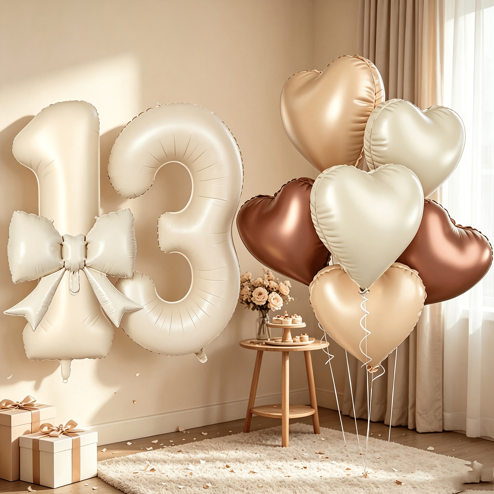 TEMU 11pcs Cream 10, 11, 12, 13, 14, 15, 16, 17, 18, 19, 20 Balloons, (2pcs Beige Balloon + 1pc Bow Balloon + 6pcs Heart Balloons +1pc Ribbon+1pc