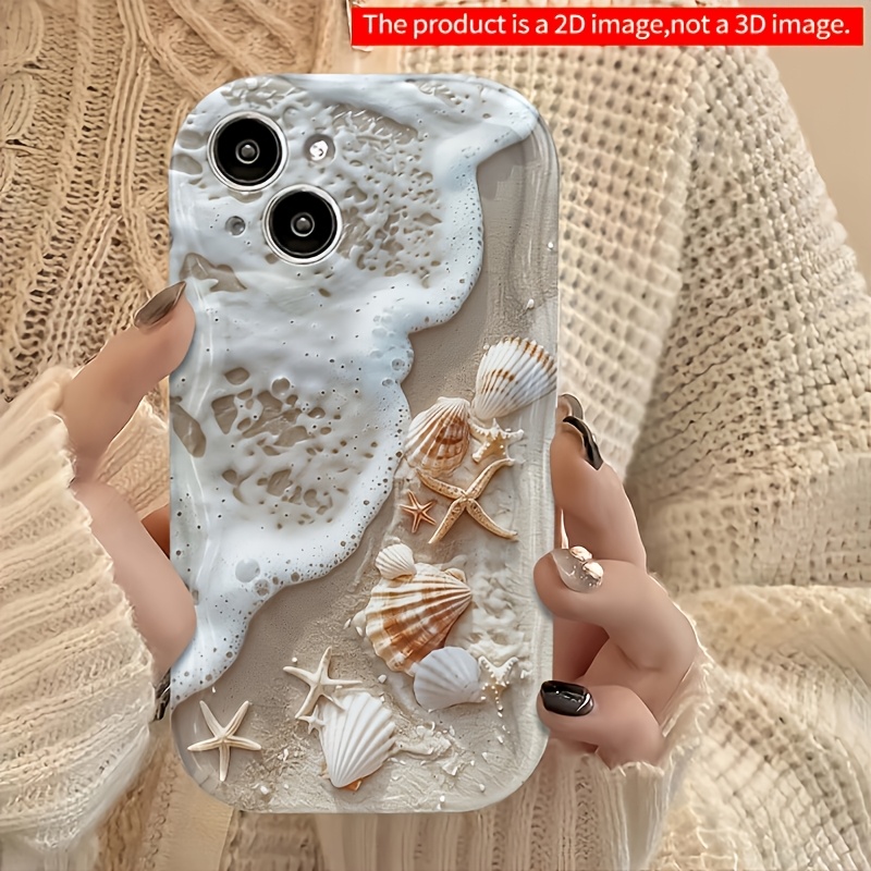 TEMU Phone Case - 1pc 2d Flat Printing Ocean Beach Seashell Wave Cream Anti-drop Protective Soft Case, Compatible With Iphone