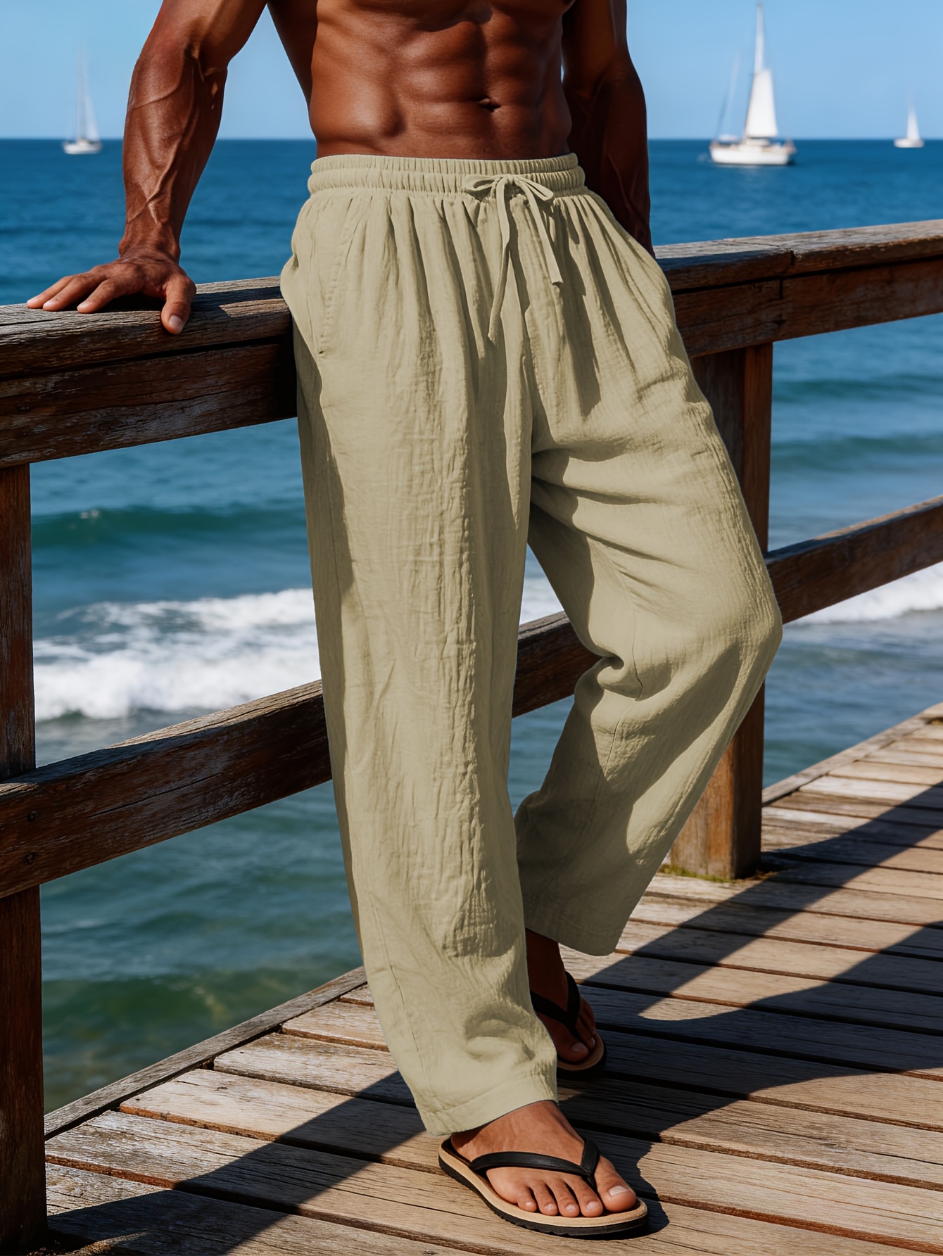 [  shui obm] herren jogginghose, locker geschnittene, gewebte leinenhose in unifarben mit geradem bein, lässige, leichte business-hose, atmungsaktive strandhose, mit kordelzug und  -design,   für den täglichen gebrauch und outdoor-sportarten