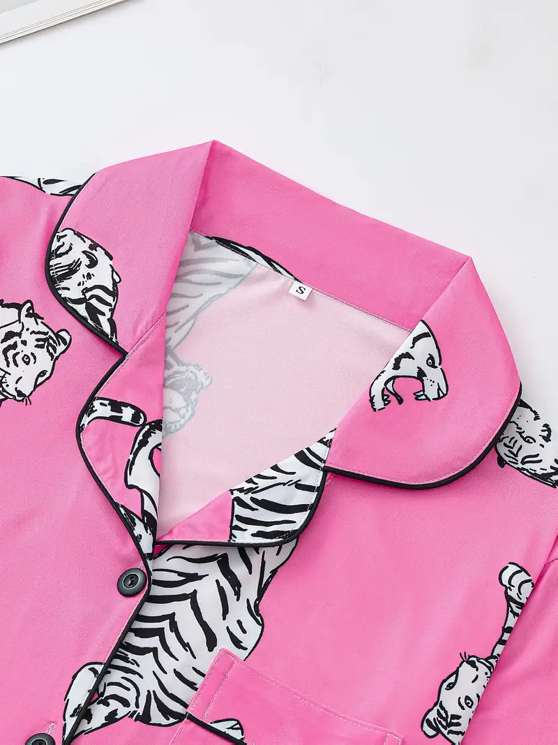 two piece elegant womens sleepwear set comfortable fabric long sleeved button up top with matching pants printed all over pocket details suitable for wear Product details 2