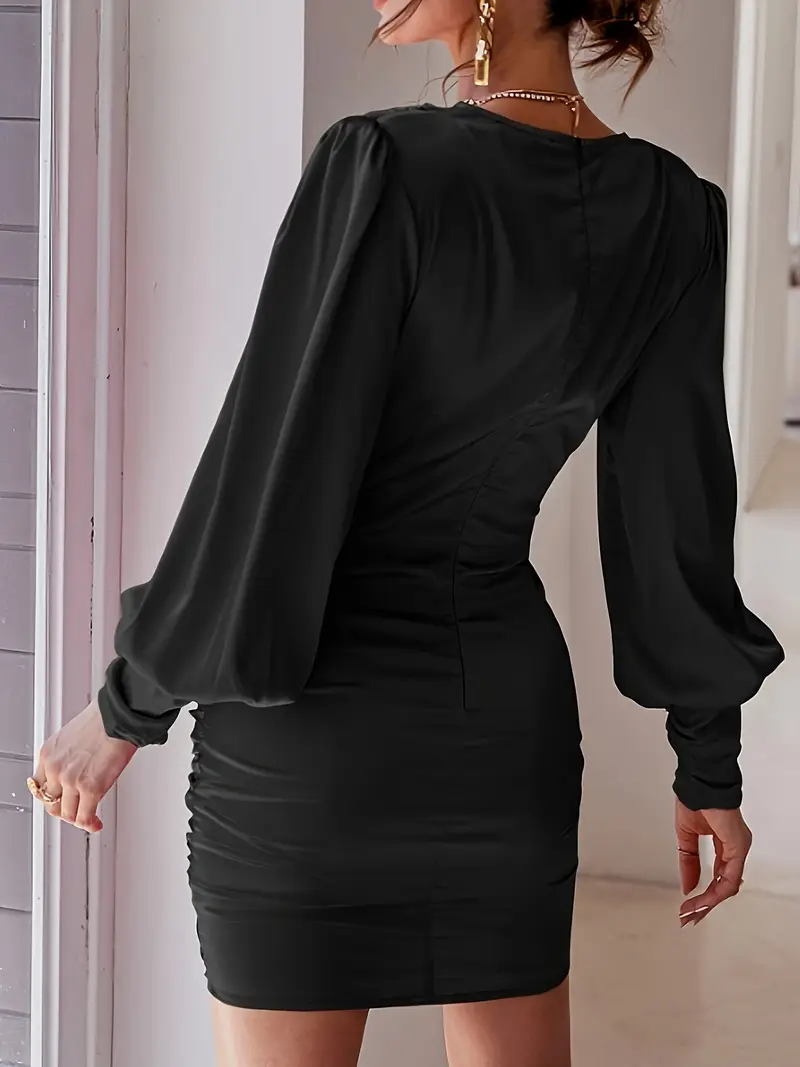 elegant black v neck long sleeve knee high fitted dress - Temu Oman elegant black v neck long sleeve knee high fitted dress - Temu Oman