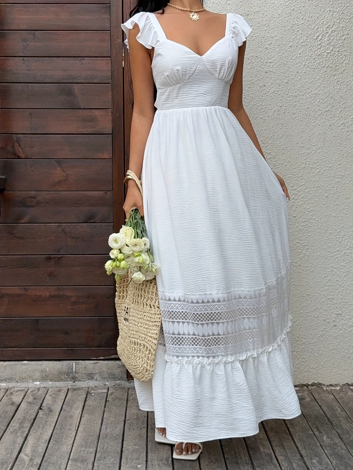 womens elegant back tie closure maxi dress lace trim fitted - Temu Mauritius