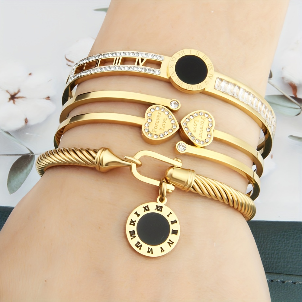 

3pcs Combination Women's Western Style Stainless Steel Bracelet With Roman Numeral Design Gold-plated 18k Gold Heart-shaped Combination Bracelet, Gift Decoration Bracelet