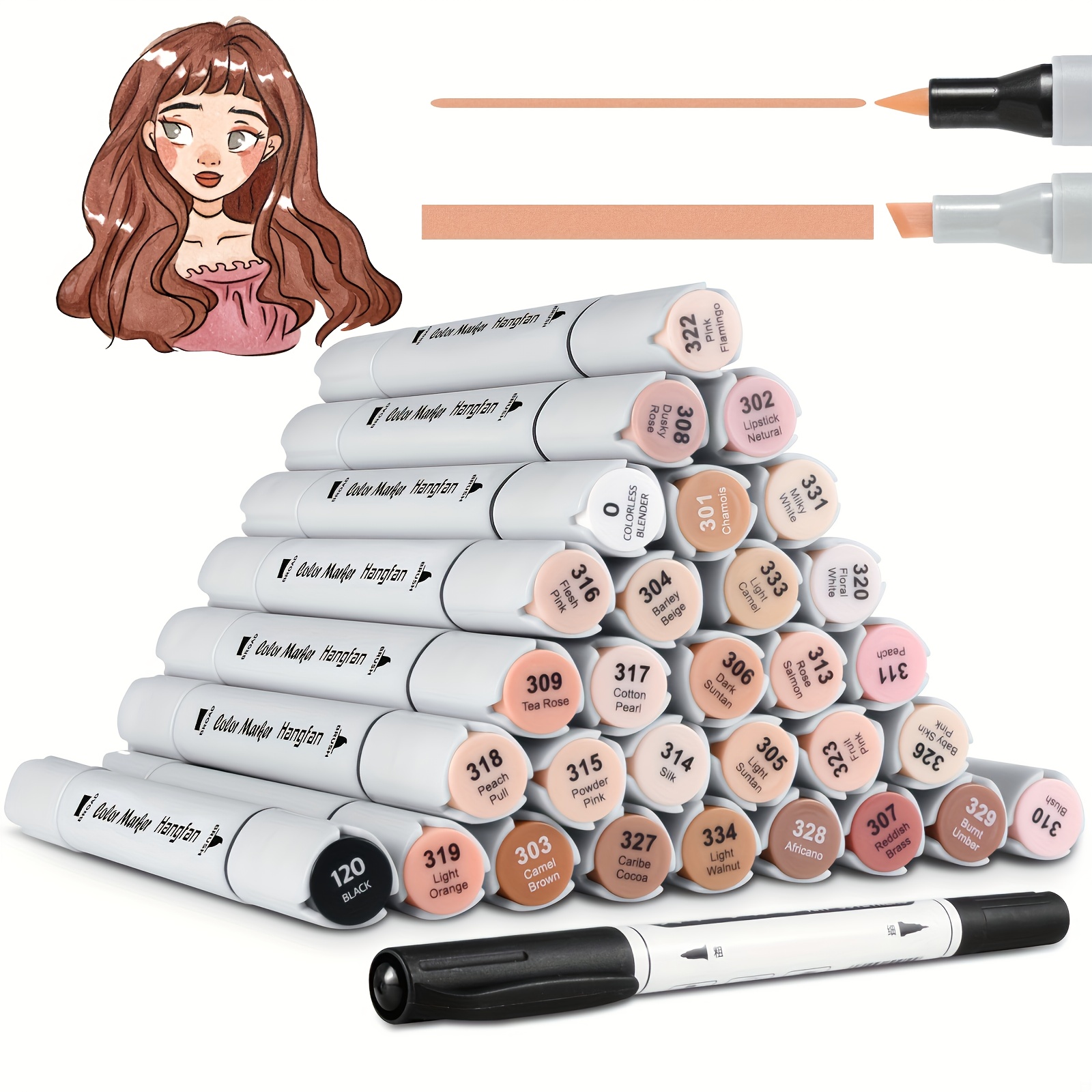 E-shop 30 Arten von hautfarbenen Markern, Alkohol-Kunstmarker, ausgestattet mit Doppelpinsel breitem Cartoon-Malstift, ausblutungsfreie Marker für