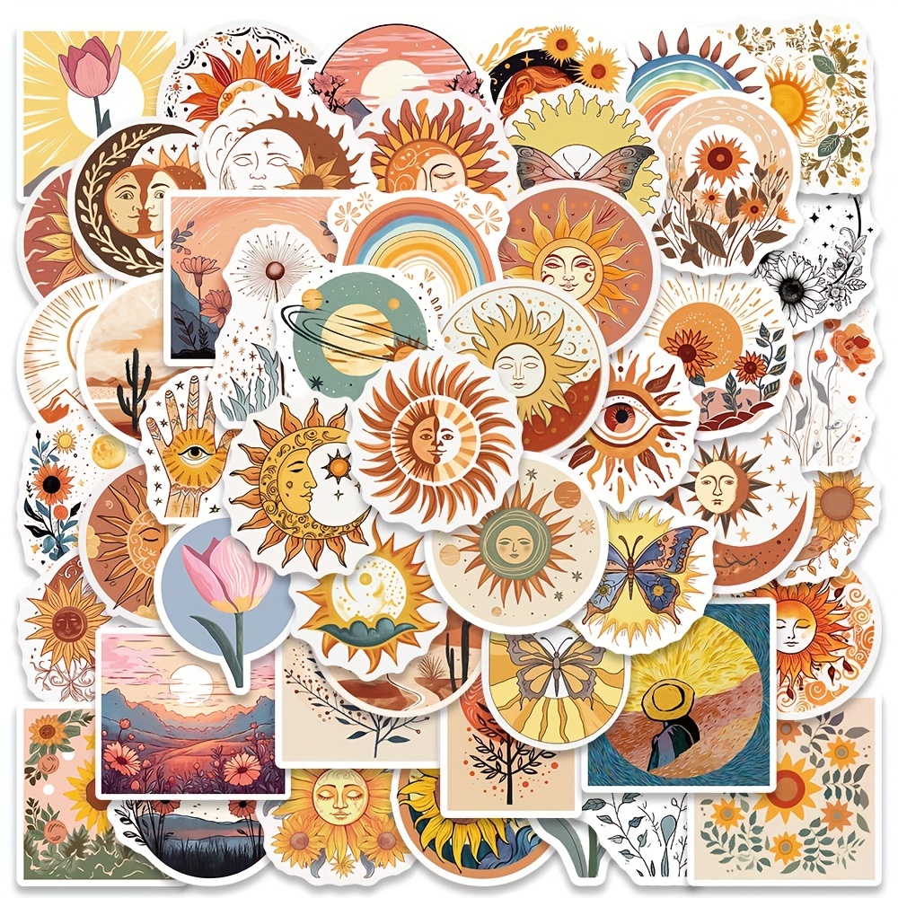 Image of Bohemian Sun Vintage Cartoon Aesthetic Art Stickers, Set Of 50, Pvc, Waterproof Decals For Laptop, Skateboard, Guitar, Luggage, Phone