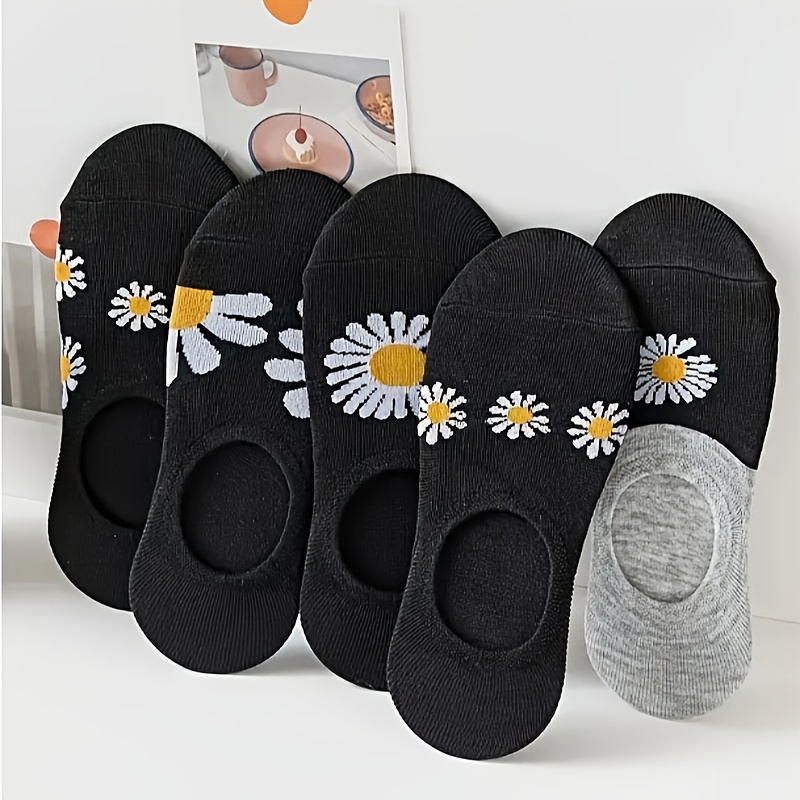 

5 Pairs Floral Print Ankle Socks, Comfy & Breathable Silicone Non-slip Socks, Women's Stockings & Hosiery