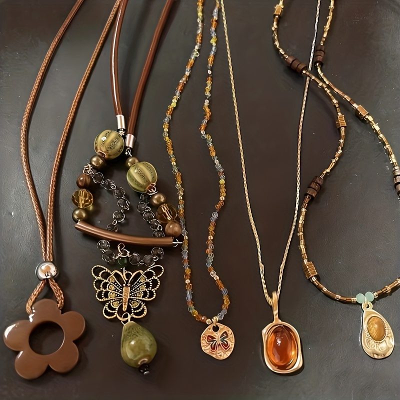 TEMU Lot de 5 bohèmes à avec perles et pendentif de - Corde marron superposable pour femme, chaîne rétro pour pull pour un usage , cadeaux de Noël, à