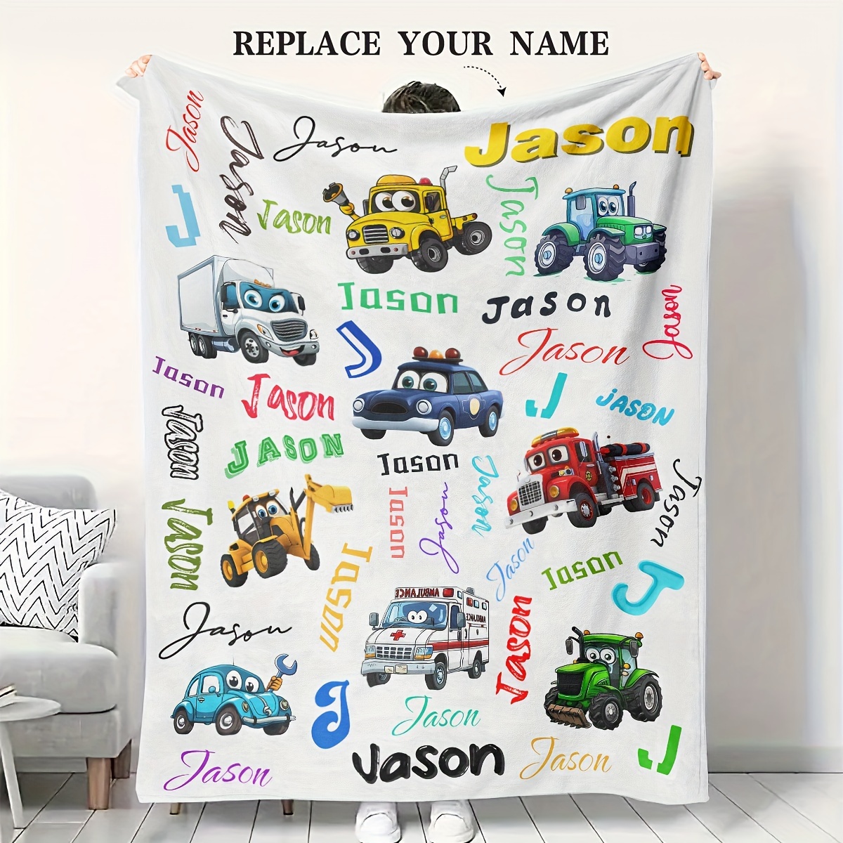 

1pc Custom Name Personalized Blanket, & Engineering Vehicle Design, Soft Polyester Knit Fabric, Rectangle, Multiple Sizes , Ideal For Sofa, Bed, , Name Gift