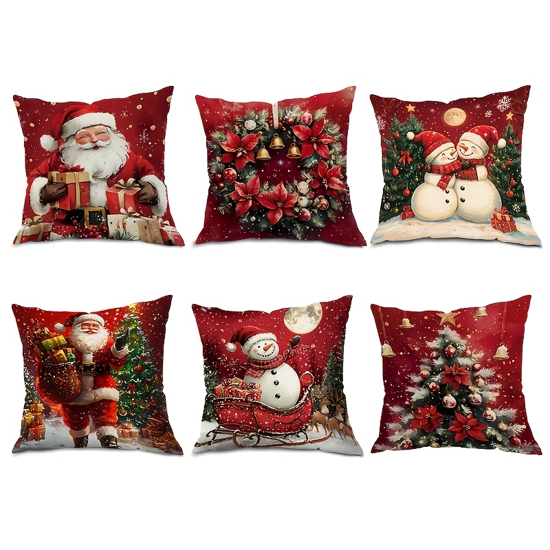 TEMU 6pcs 2d Flat Print Christmas Pillow Covers, Oil Painting Style Patterns Of Decor, Golden Wreaths, Xmas Stockings & Gilded Cedar, Embroidery