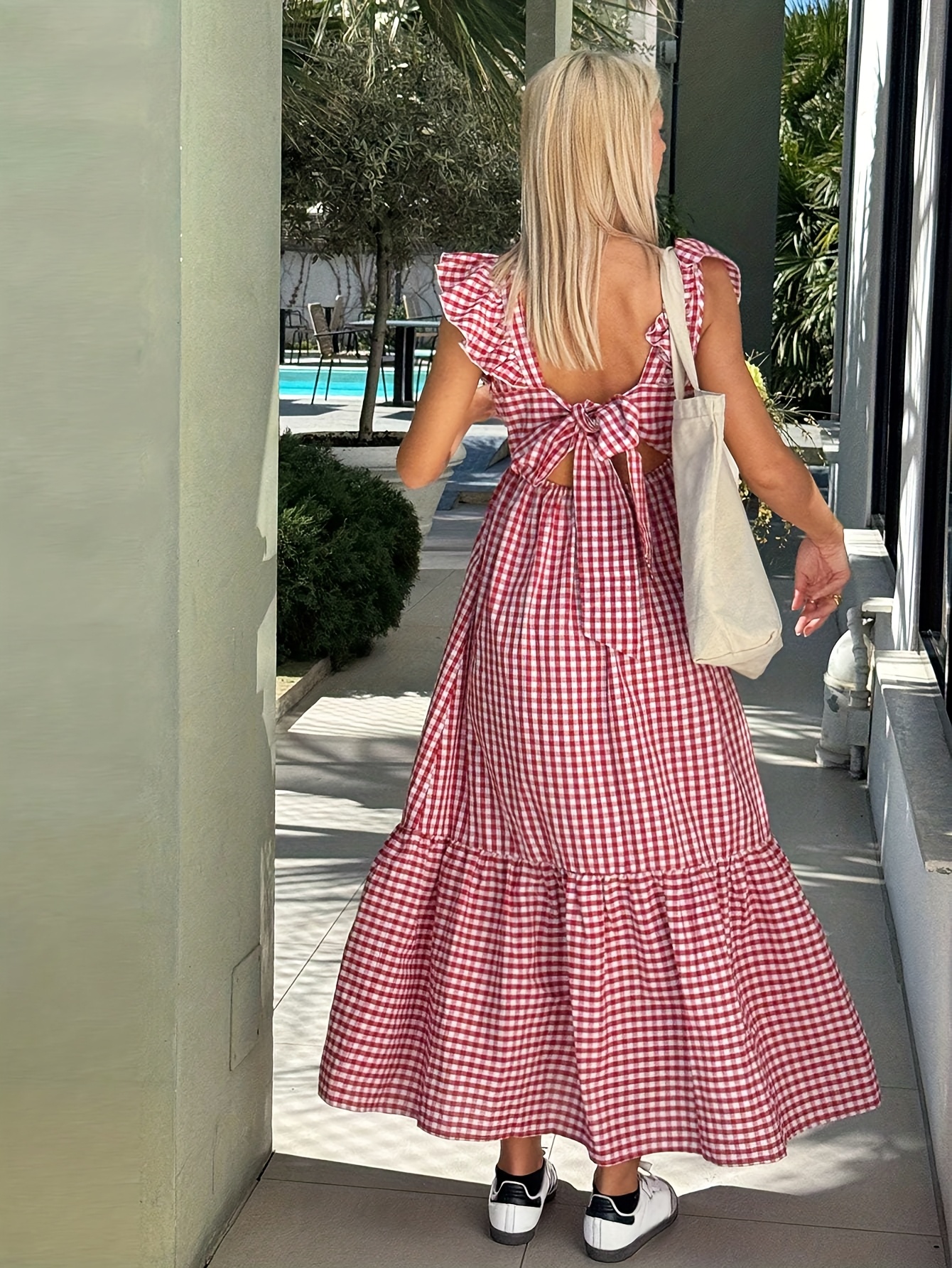 Maxi Dress Red Gingham Summer Dress Womens Elegant Red White