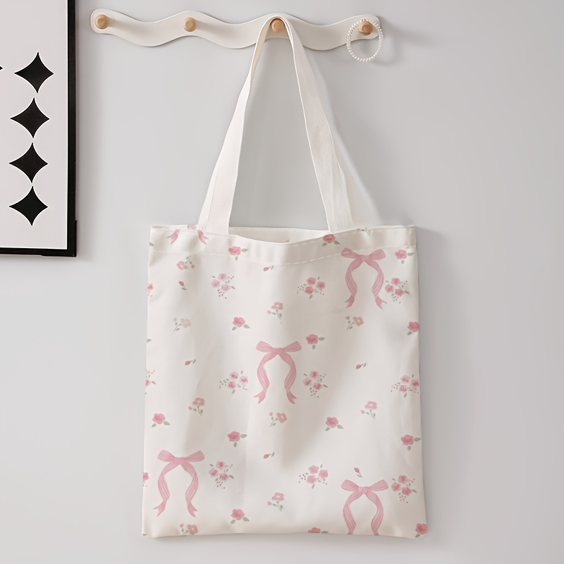 

Sac fourre-tout réutilisable avec nœud rose et motif floral, -, sac fourre-tout décontracté en polyester fermeture ni peinture sur les bords - Sac à main multifonctionnel à bandoulière