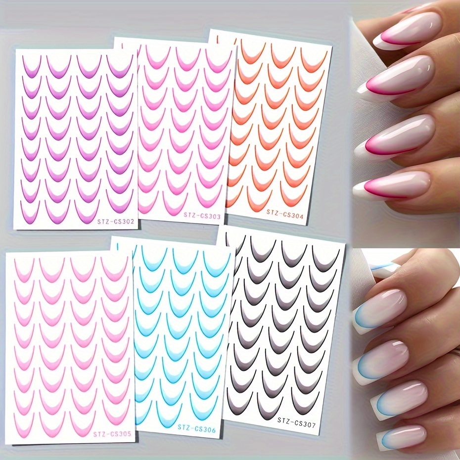 

6-pack Gradient Nail Stickers - Self-adhesive 3d Manicure Art Decals, Heart Stripes, Plastic Embroidered Single Use Nail Embellishments, - Diy Nail Decoration Strips