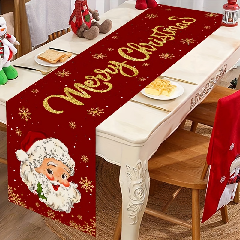 TEMU Festive Red & Golden Santa Claus Christmas Table Runner | Elegant Cursive Merry Christmas Lettering, Red & With White Snowflake Patterns -