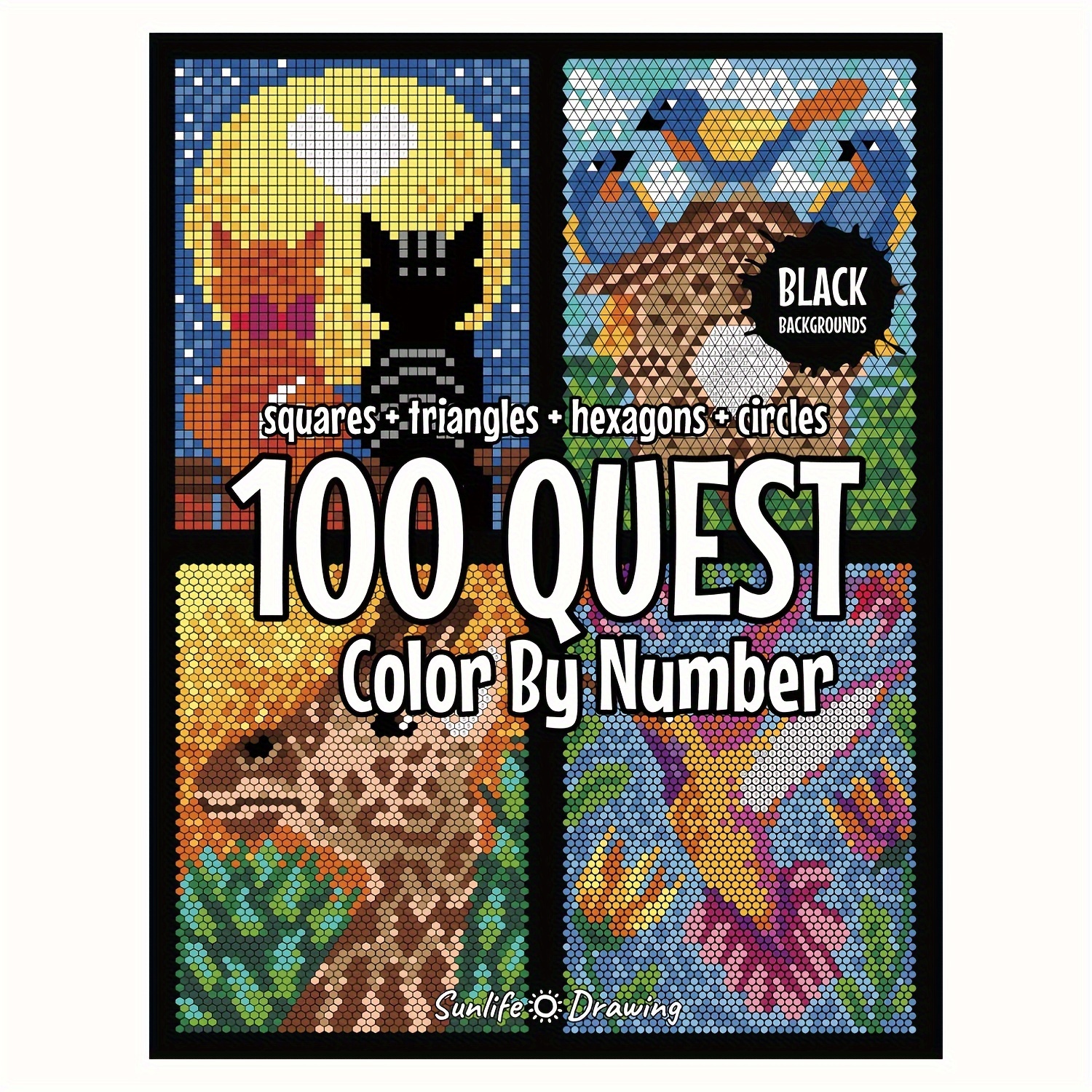 

100 Quest Numbered Color By Number, Adult Coloring Book, Art Craft Supplies, Painting Paper, Drawing & Coloring Activity Book, Squares, Triangles, , Circles, Black Backgrounds