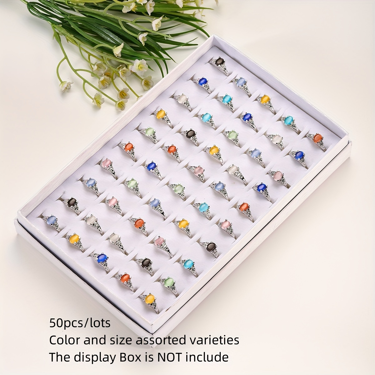 TEMU Us Wholesale Lots 50pcs Beautiful Synthetic Stone Alloy Finger Rings For Women Colorful Party Gifts Size 16-19mm Random Size And Random Color
