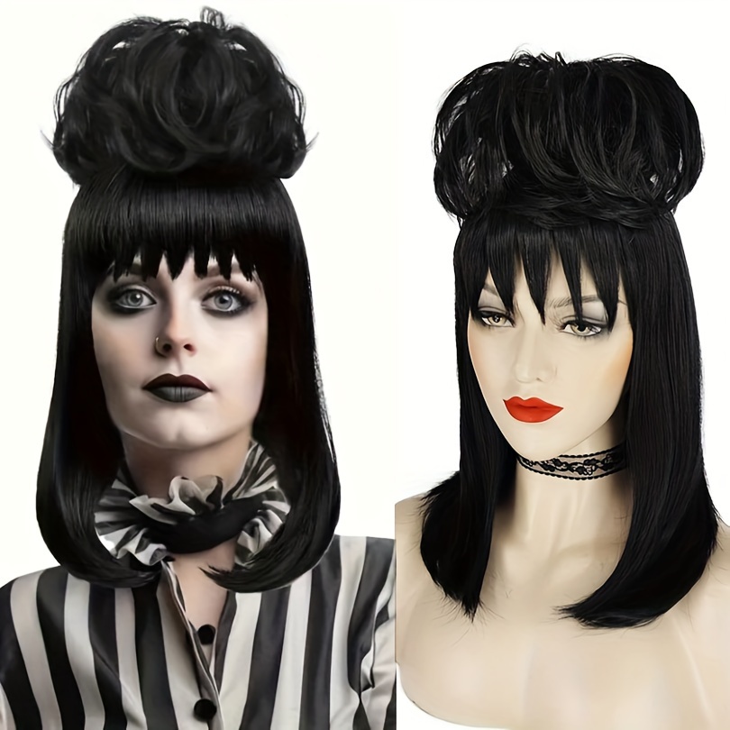 

Lydia Cosplay 16 Inch Black Synthetic Soft Fiber Wig With Bangs - Perfect For , Thanksgiving, And Christmas Parties - No Glue, Straight Style, And Elastic Net Cap