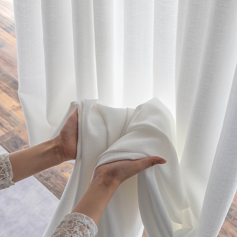 Image of 2 Panels. Modern White Elegant Semi Sheer Curtain, Hemp Yarn Texture Yarn Curtain, Rod Pocket, For Living Room, Bedroom, Office Home Decoration, 135gsm