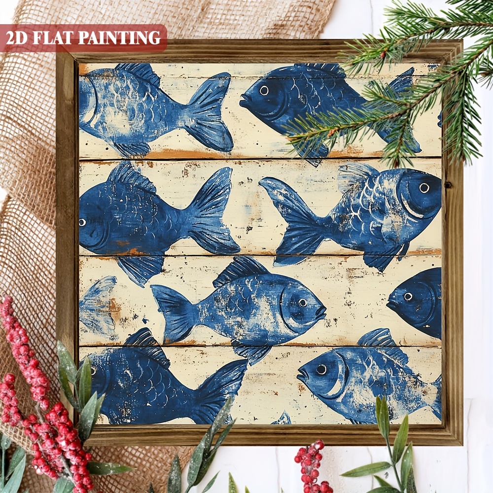 TEMU 1pz Decorativo in Legno con Cornice a Forma di Pesce e Blu 8x8 Pollici - da Parete Classica in Stile per Soggiorno e Ufficio, Regalo Festivo