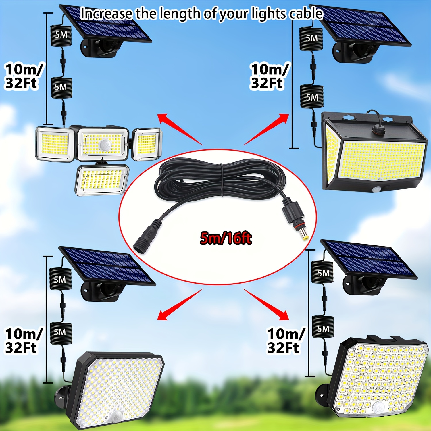 1/2 vnt. 16,4 pėdų (5M) DC ilginamasis laidas, 5,5 X 2,1 mm saulės sodo šviestuvų lauko jungiamasis kabelis, juodas, tinkamas 200 LED, 126 LED, 228 LED, 348 LED, 190 LED, 202 LED, 118 LED, 328 LED ir kitiems saulės skirstytų šviestuvų ilginamiesiems laidams