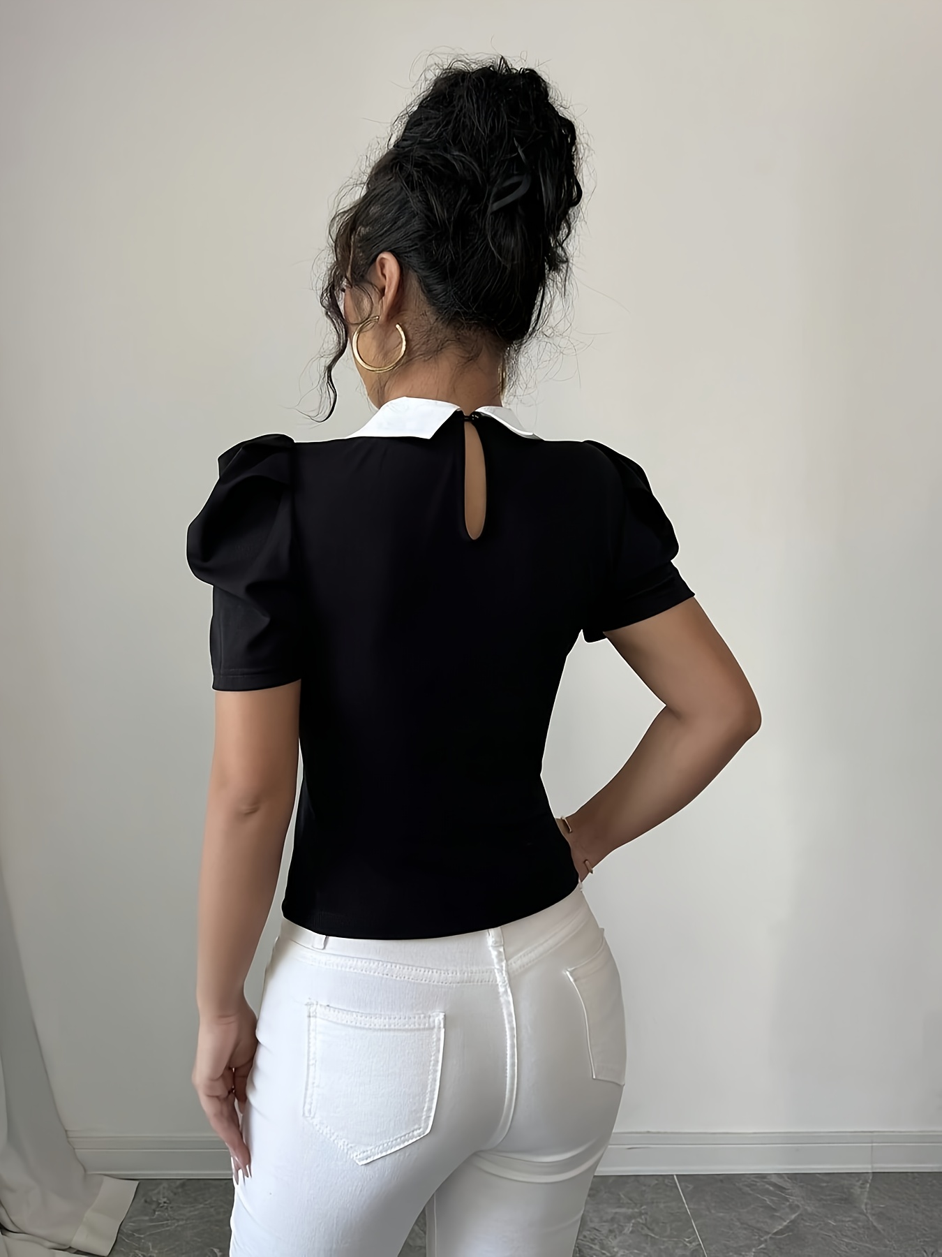 women' blue white contrast blouse elegant office Temu Oman