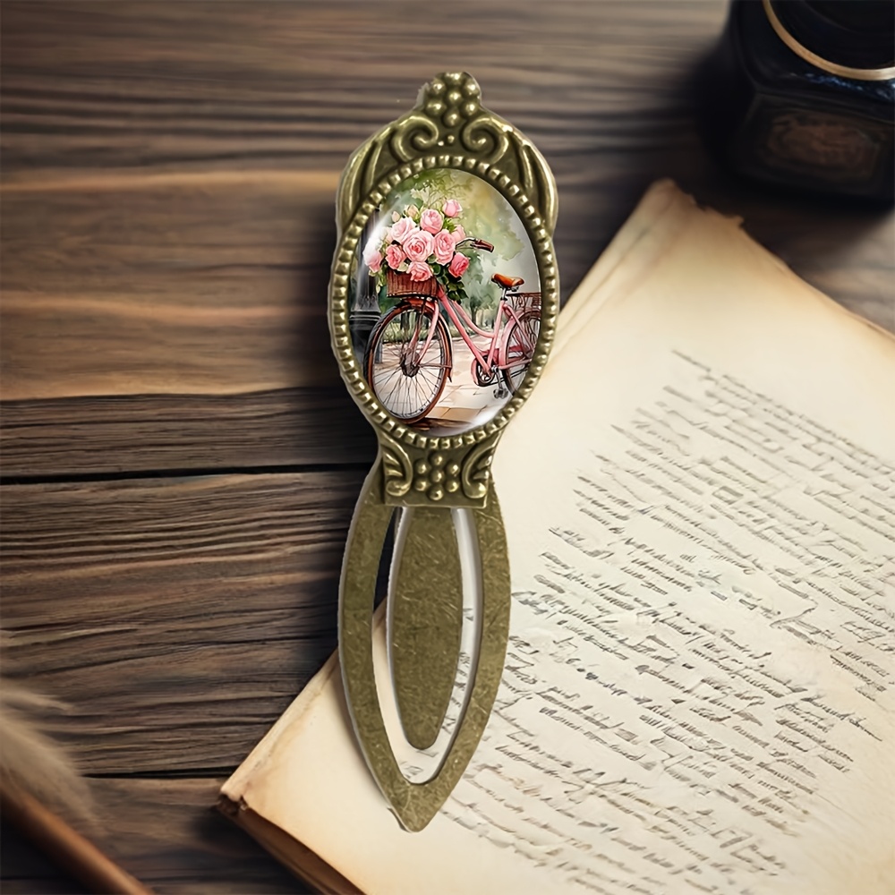 TEMU 1pc Rose Bicycle Oval Glass Cabochon Vintage Bookmarks Handcraft Gifts For Book Lovers