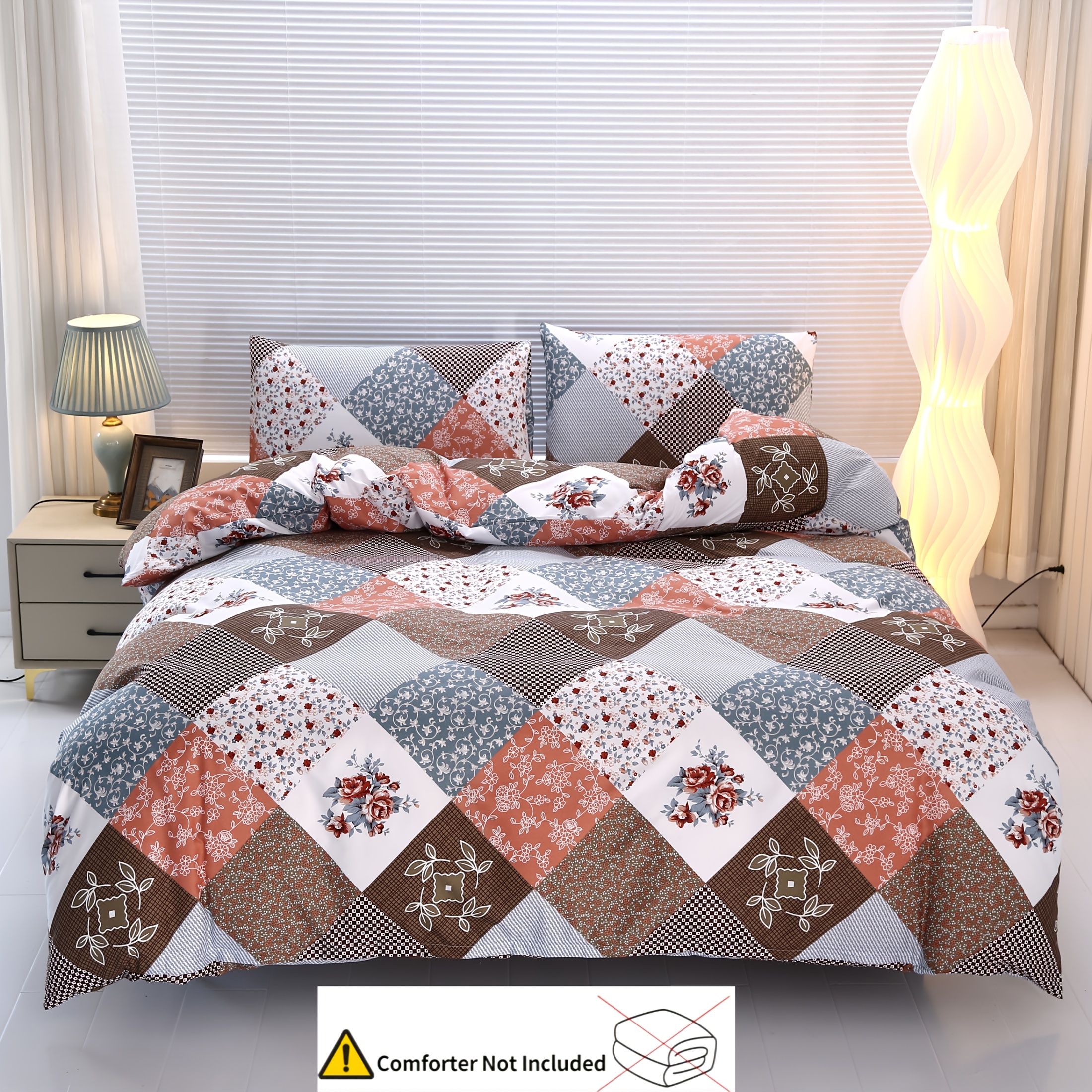 TEMU 3pcs Duvet Cover Set [1 Duvet Cover + 2 Pillowcases] No Filling, / Style/ Diagonal Lattice Floral Pattern/ Double/ Full Size/ King/ Queen/