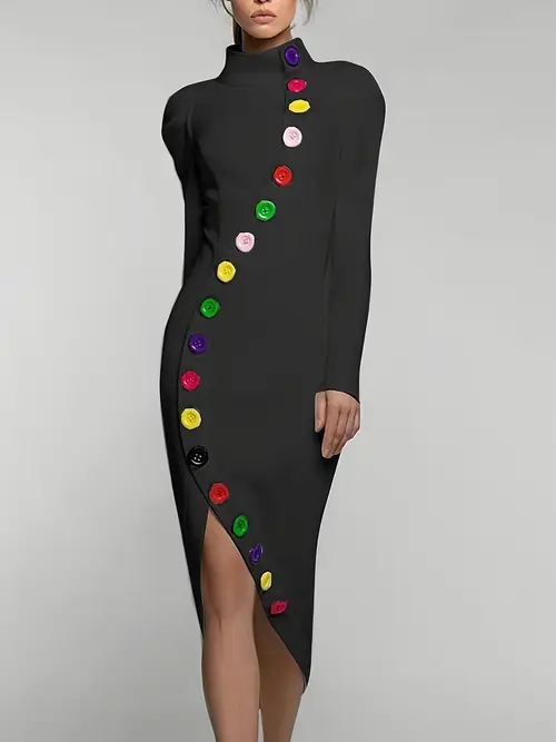womens fashionable color button high neck asymmetrical dress long sleeved fit casual midi skirt