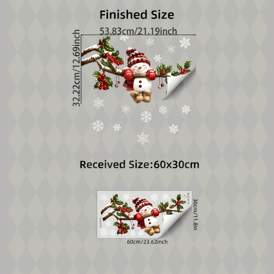 TEMU 2d Flat - 2d Flat - 2d Flat Static Window Clings With Snowmen In Hats On Branches, Holly, Red Berries, And Snowflakes, Static Adsorption