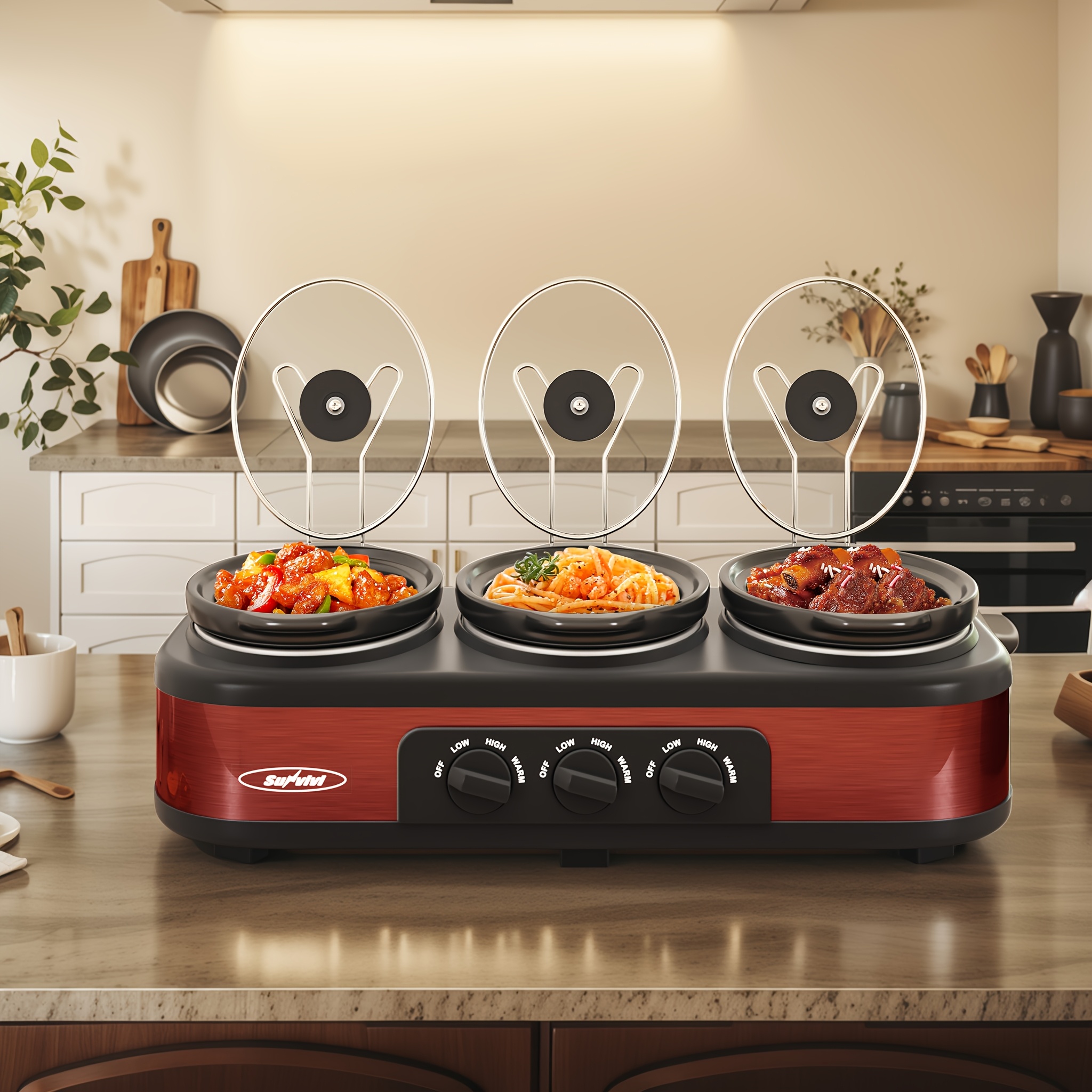 Triple Slow Cooker Buffet Server 1.5 QT x 3 with Ceramic Pots – 3 Cooking Settings, Glass Lids, Dishwasher Safe Food Warmer for Parties, Family Gatherings & Holiday Buffets (Red) — Zaynora Luxury Marketplace