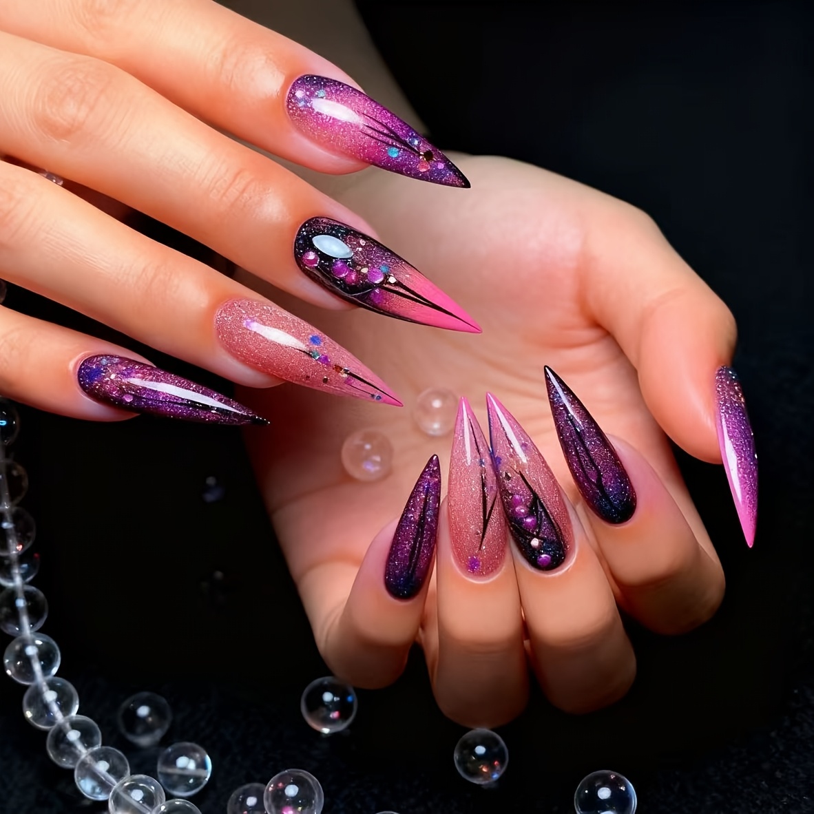 TEMU Set di 24 unghie finte a forma di da ballerina lunghe con sfumatura e adesivi viola per nail art