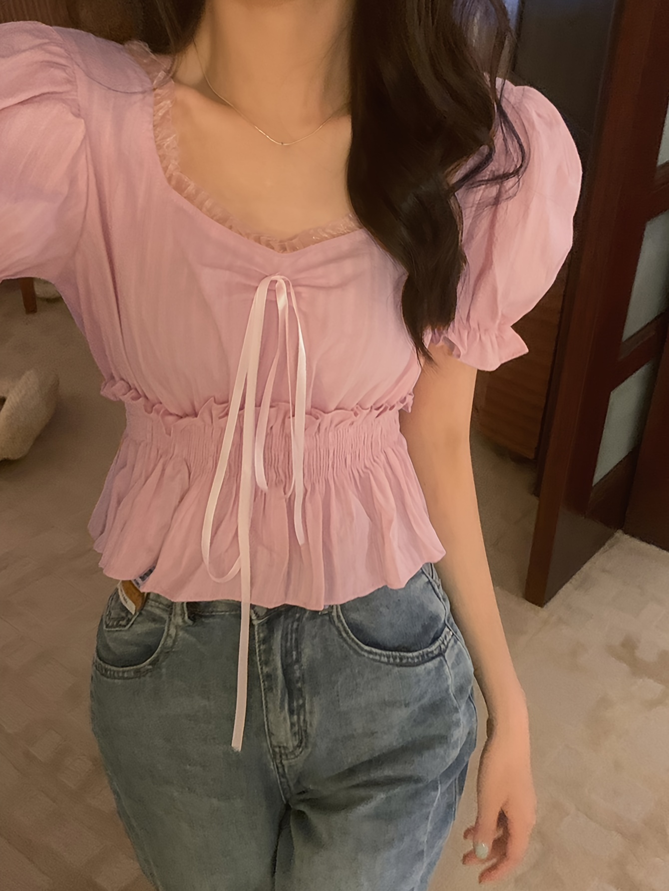 Classic Short-Sleeve Sweetheart-Neck Peplum Shirt