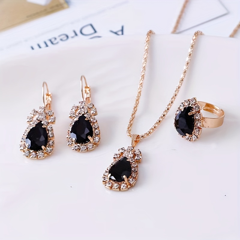 4pcs Water Drop Necklace, Earring & Ring Set for Women