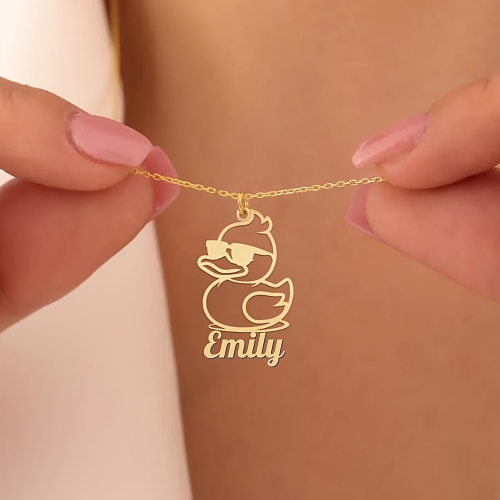 TEMU Custom Cute Duck Name Necklace, Personalized Glasses Duck Necklace, Stainless Steel Simple Nameplate Pendant Necklace, Swimming Duck Necklace,