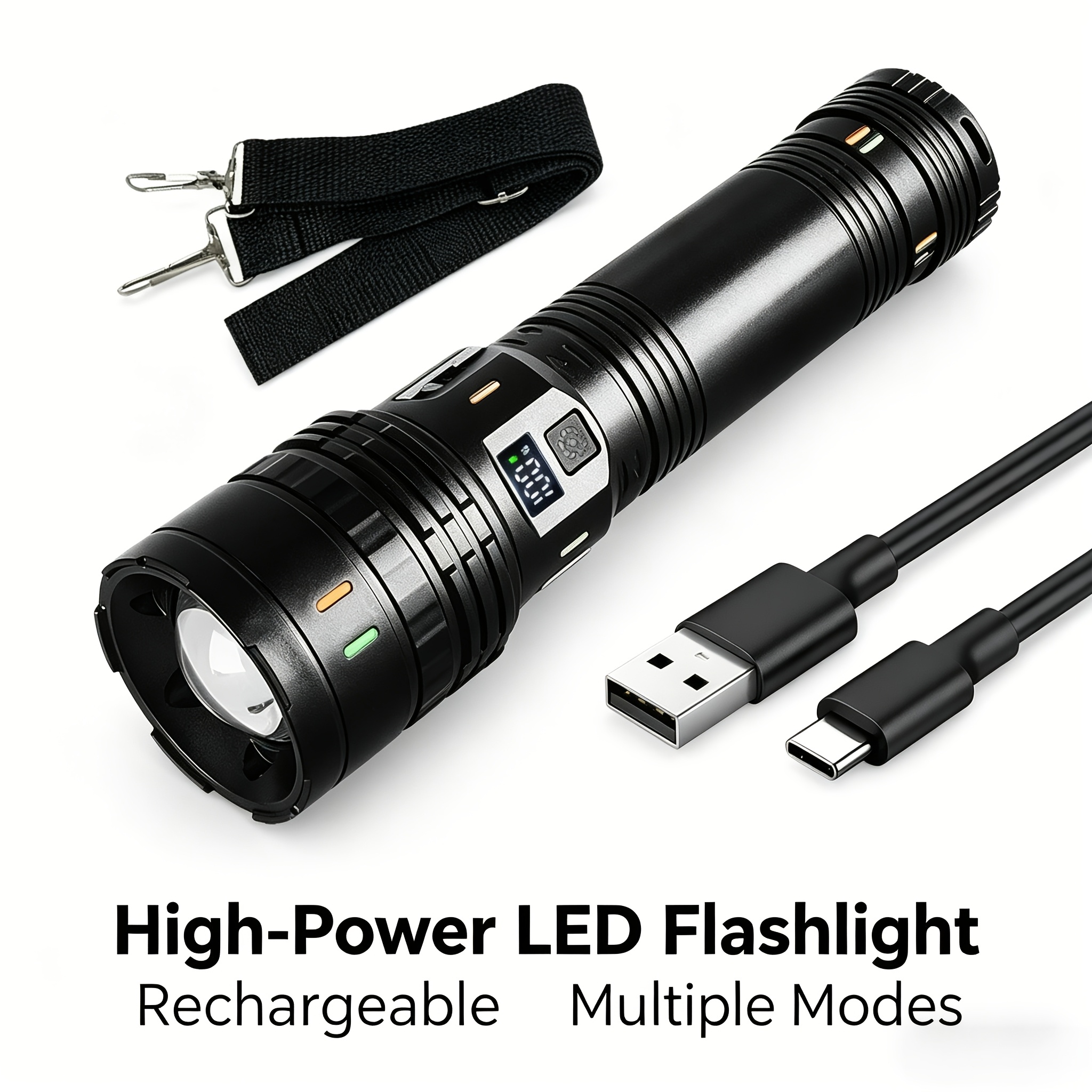 Ta svetilka z visokim svetlobnim tokom podpira USB polnjenje, ima baterijo visoke kapacitete 3600 mAh, ima zaščito IP44 in ima naramnico.