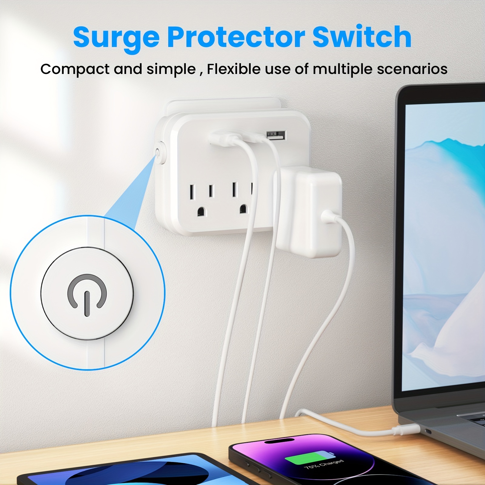 

American Regulations Mini Portable Power Socket Switch With Protector 6-in-1 Multifunctional 3 Sockets 2 Usb 1 Type-c And Sturdy Business Trips Travel Household Compact And