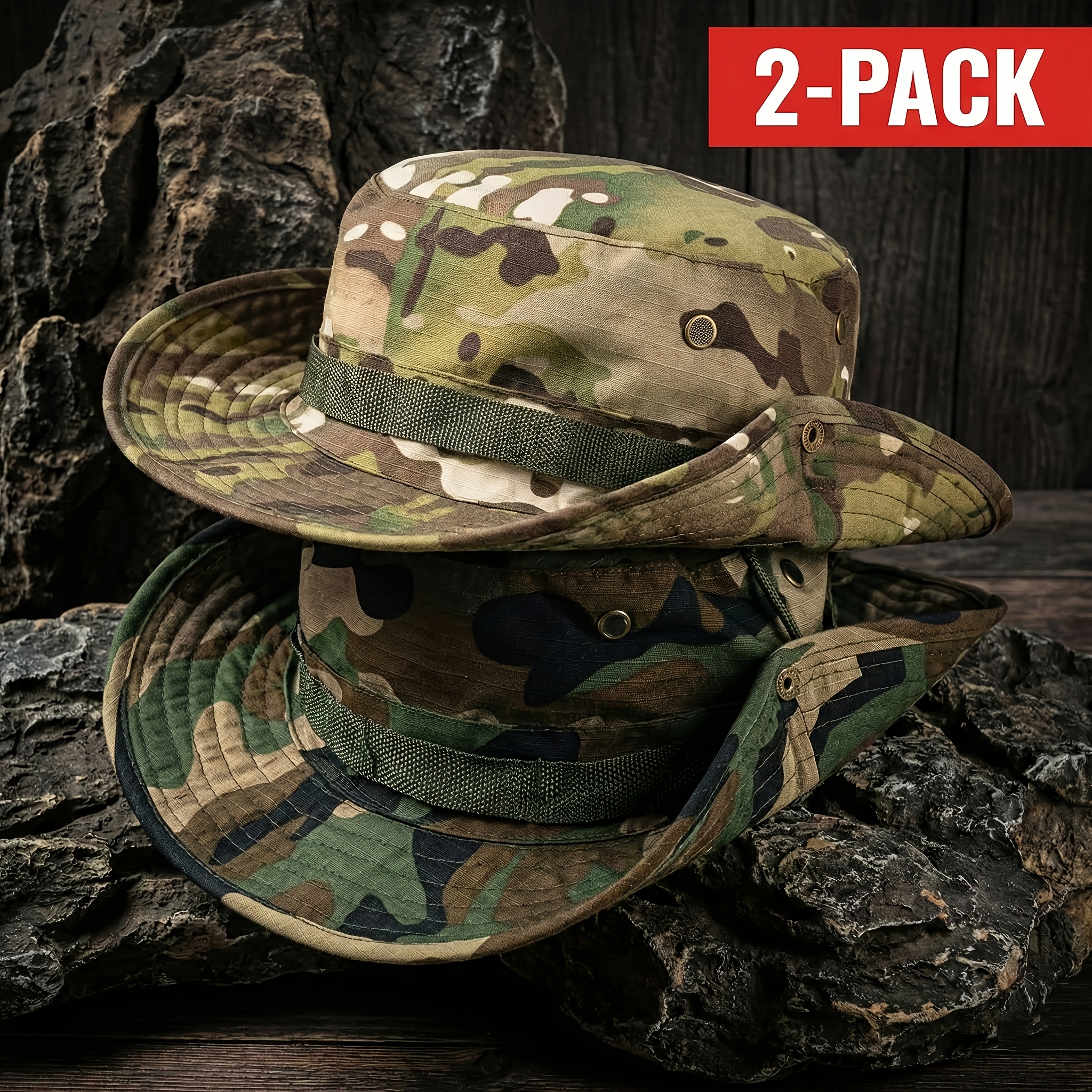 Image of Men's Camouflage Cap 2pcs Tactical Wind Hat, Suitable For Fishing, Hunting, And Outdoor Work Wide Brim Breathable And Durable