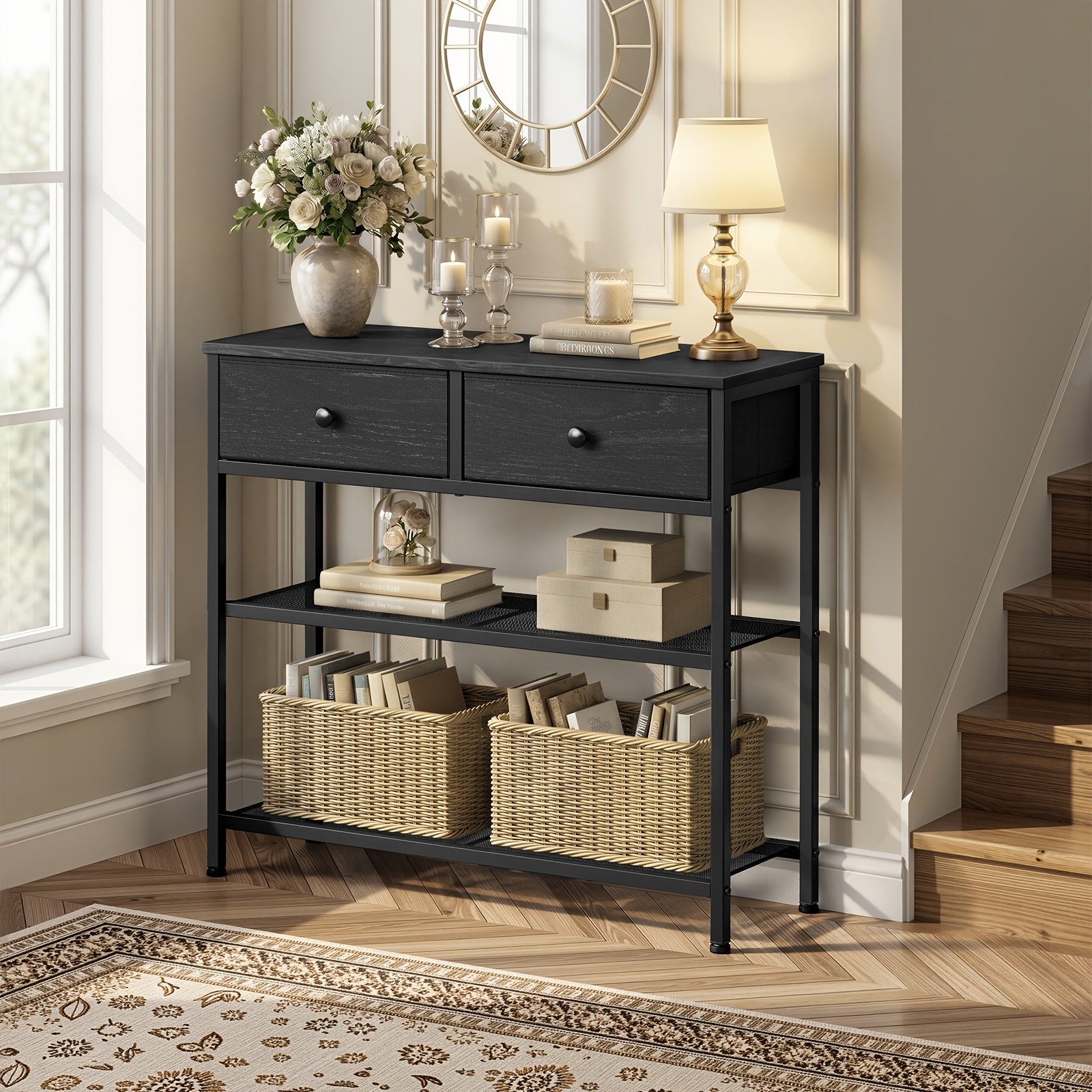   collection console table narrow sofa table with 2 mesh shelves for entryway living room 30 x 76 7 x 78 7  fabric drawers