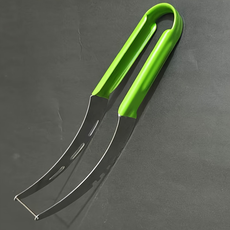 Image of Stainless Steel Watermelon Slicer & Server - 2-in-1 Dual-use Heavy-duty Fruit Chopper With Ergonomic Green Handle For Slicing, No , Perfect For Home Kitchen, Bbq, Parties