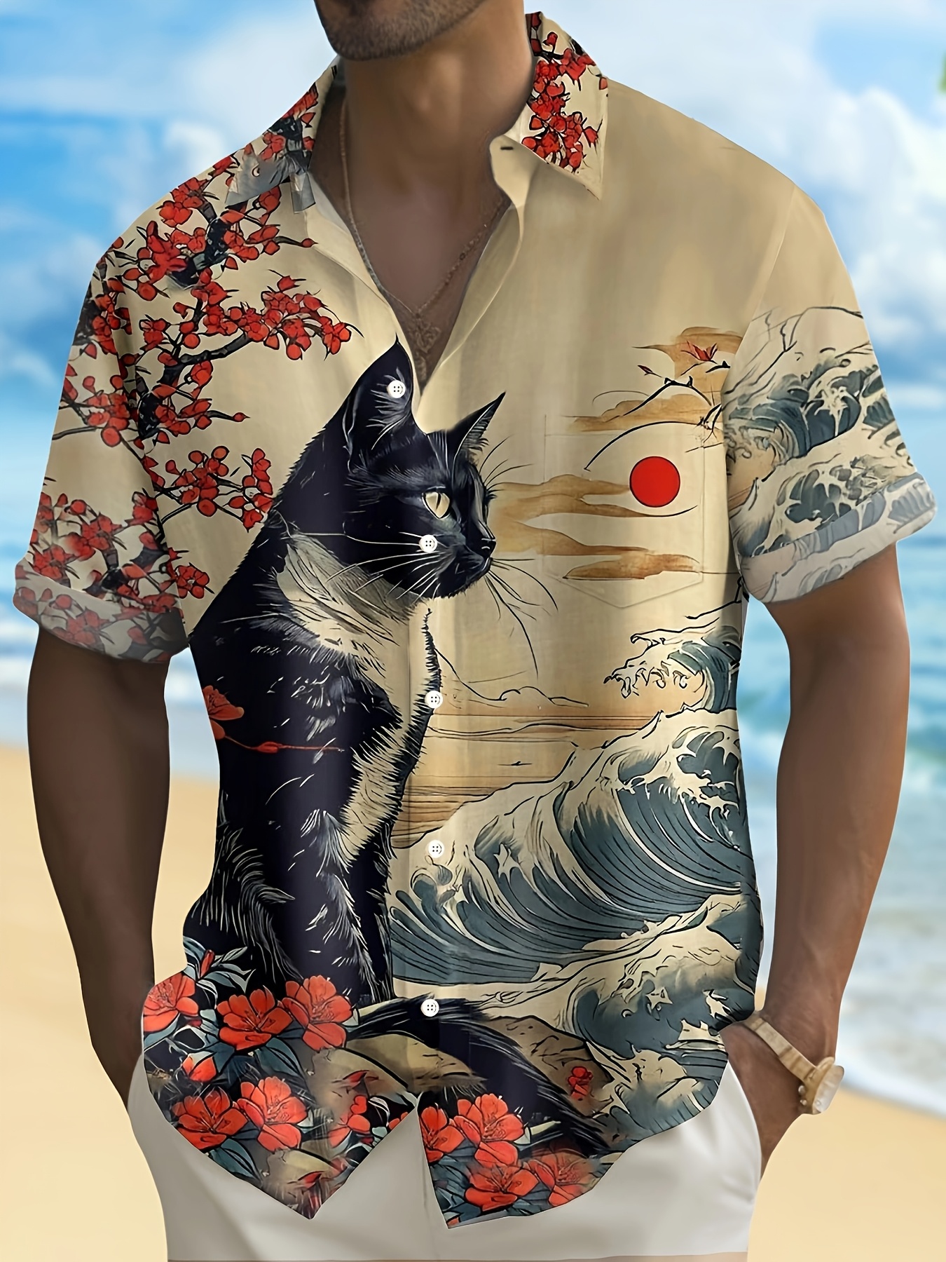 japanese vintage style short sleeve shirt cat cherry - Temu