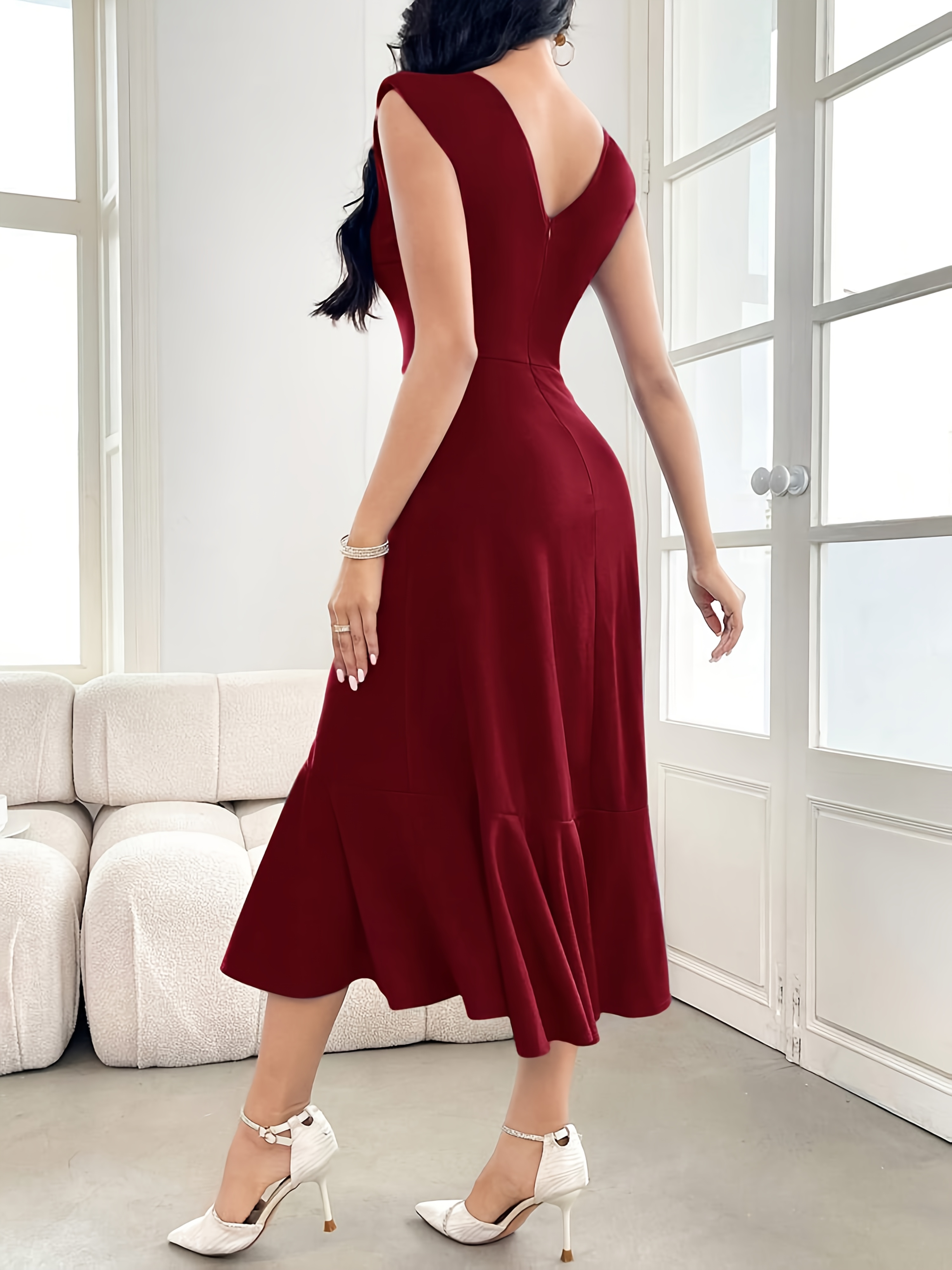 knee length dresses for ladies Brown Polka Dot Drop Waist Midi Dress