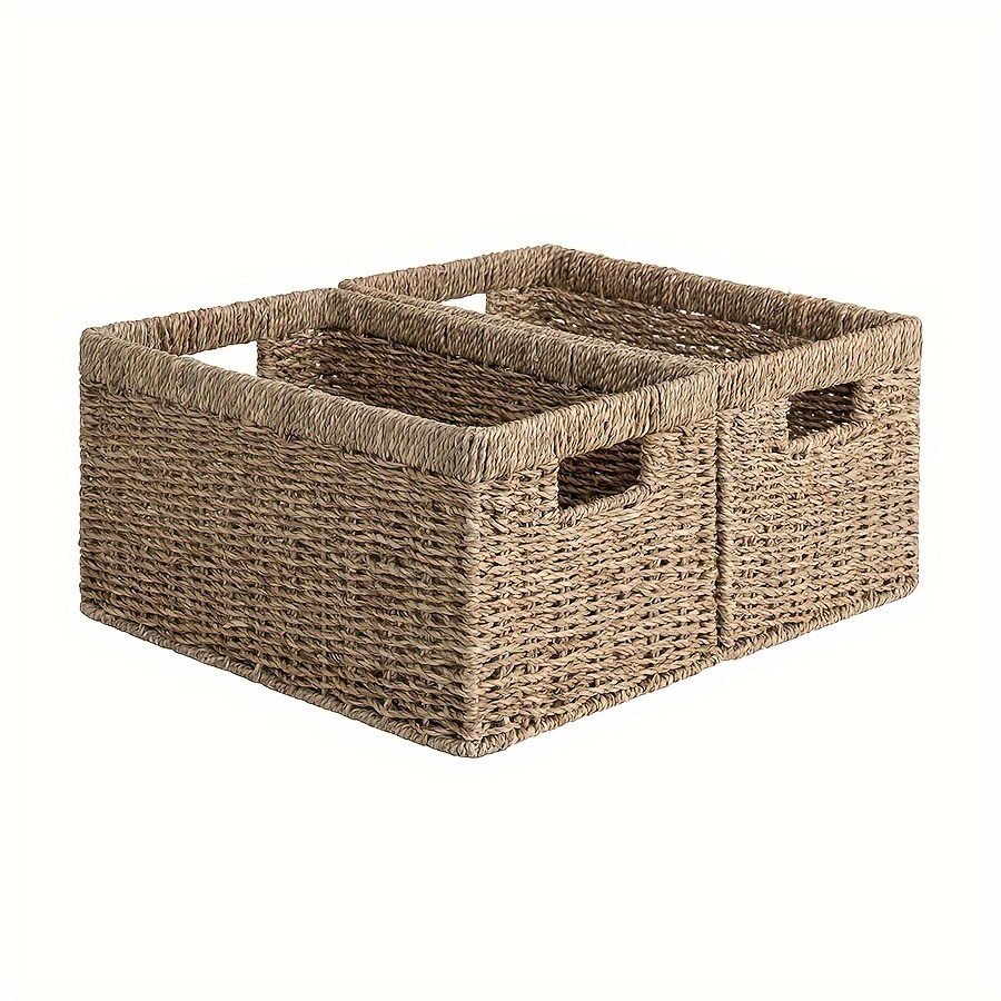 

2pcs Seagrass Wicker Storage Baskets With Handles - Rectangular Organizer For Home, Office & Dorm Decor, Basket Storage, Desk & Drawer Organizer For Home Storage