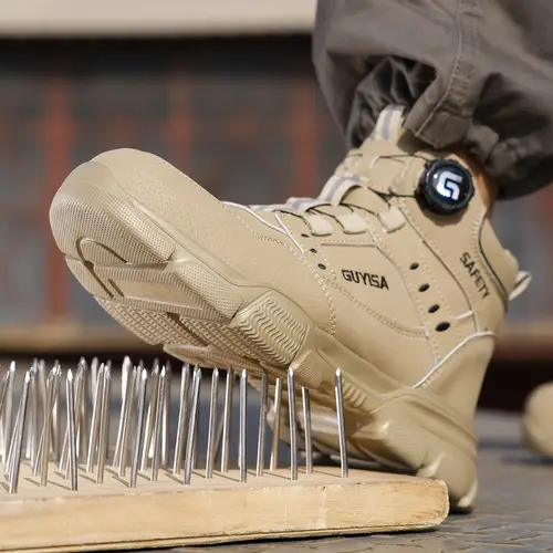 mens work safety shoes labor protection shoes anti puncture lightweight ladle rubber sole round head high flat cargo style workers construction site khaki color