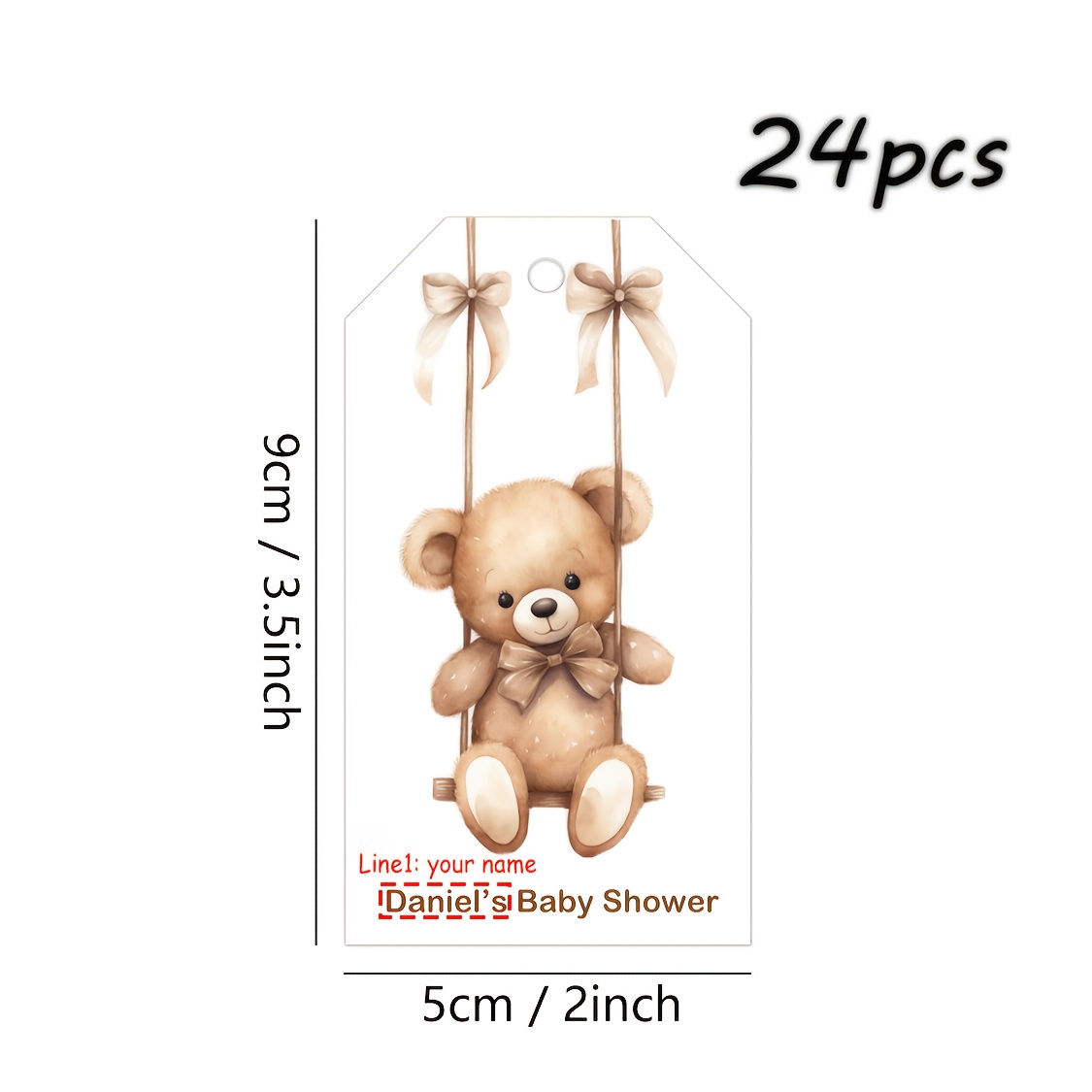 TEMU 24pcs, Teddy Bear On Swing With Bows Custom Baby Shower Gift Tags With Strings, Personalized Labels For New Born Favors, Thank You Stickers